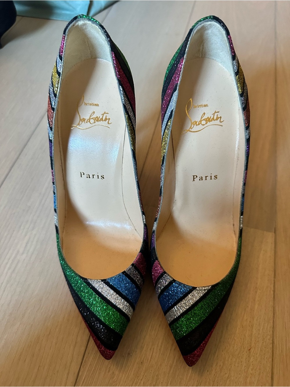 Christian Louboutin Multicolor Glitter Striped Pointed-Toe Pumps